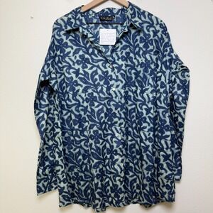 NEW Kikisol Women Tunic Top XL Blue Button Front 100% Cotton Poplin‎ Lagenlook